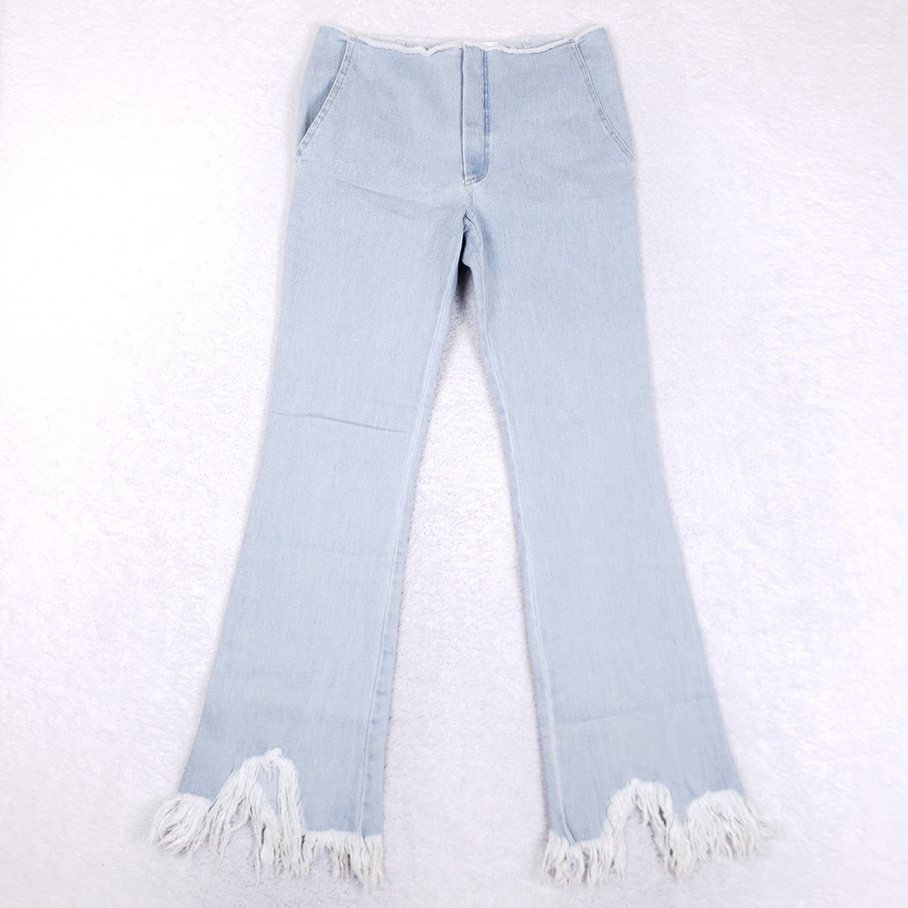 Light Blue Fringed Wide Leg Jeans - Women